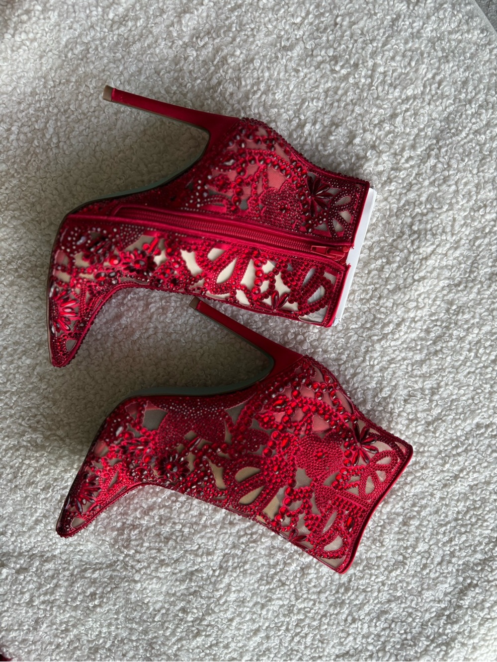 Betsey Johnson Red Embellished Lace Pointed-Toe Stiletto Ankle Boots - Picture 4 of 16